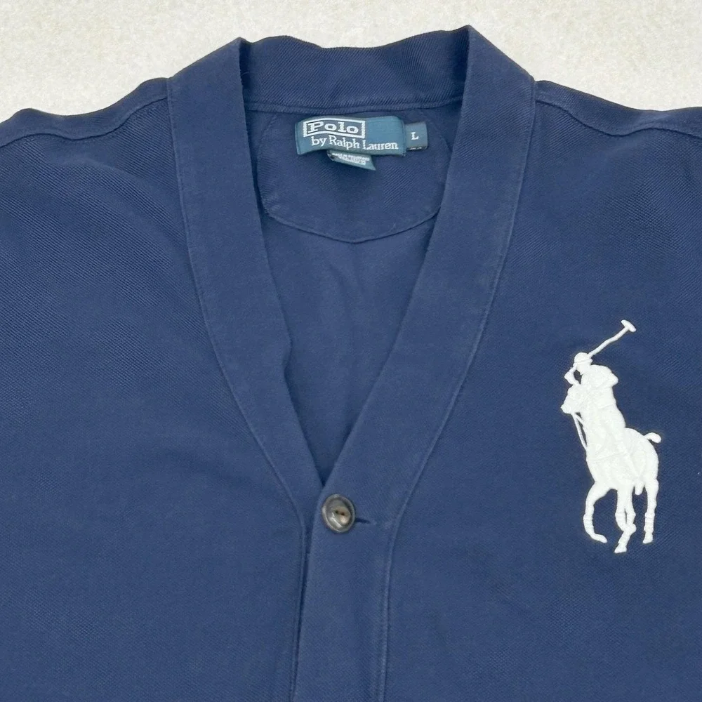 90s Polo Ralph Lauren Mens Large Navy Blue Big Pony Cotton Pique Cardigan Jersey